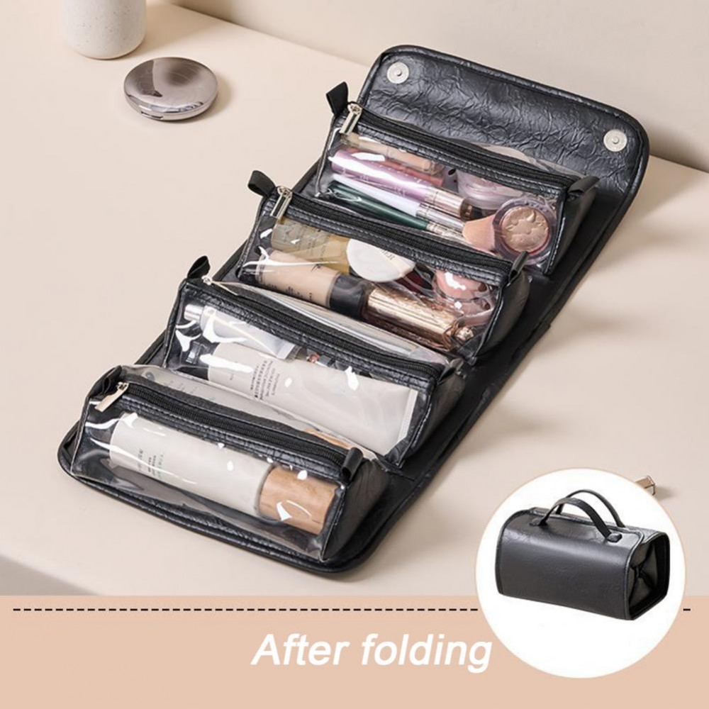 Neceser de viaje de cuero plegable para mujer, estuche de maquillaje portátil de gran capacidad, organizador de maquillaje de artículos de tocador impermeable, bolsa de almacenamiento: Negro