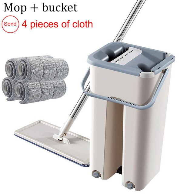Flat squeeze mop with squeeze bucket hands-free floor cleaning mop microfiber mop household cleaning supplies: Mop set-C-4