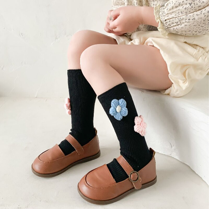 Calzini tubolari a strisce di fiori di moda coreana principessa divertente ginocchio di cotone nero abiti lunghi alti per ragazze roba economica per bambini