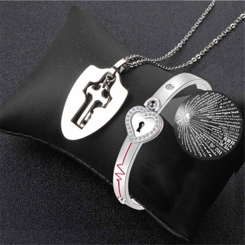 Conjunto de pulseras de acero inoxidable con candado de corazón para parejas, joyería para parejas,