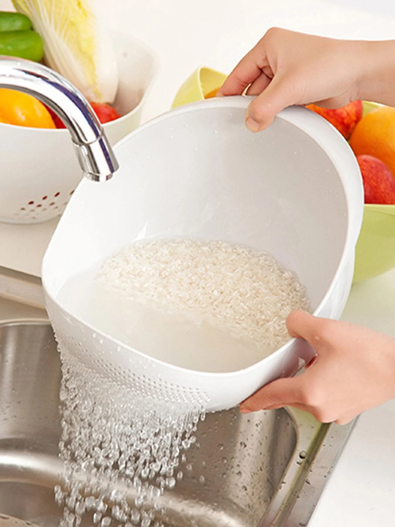1PC-Silicone Colander Rice Bowl Drain Basket Fruit Bowl Washing Drain Basket with Handle Washing Basket Home Kitchen Organizer: Default Title