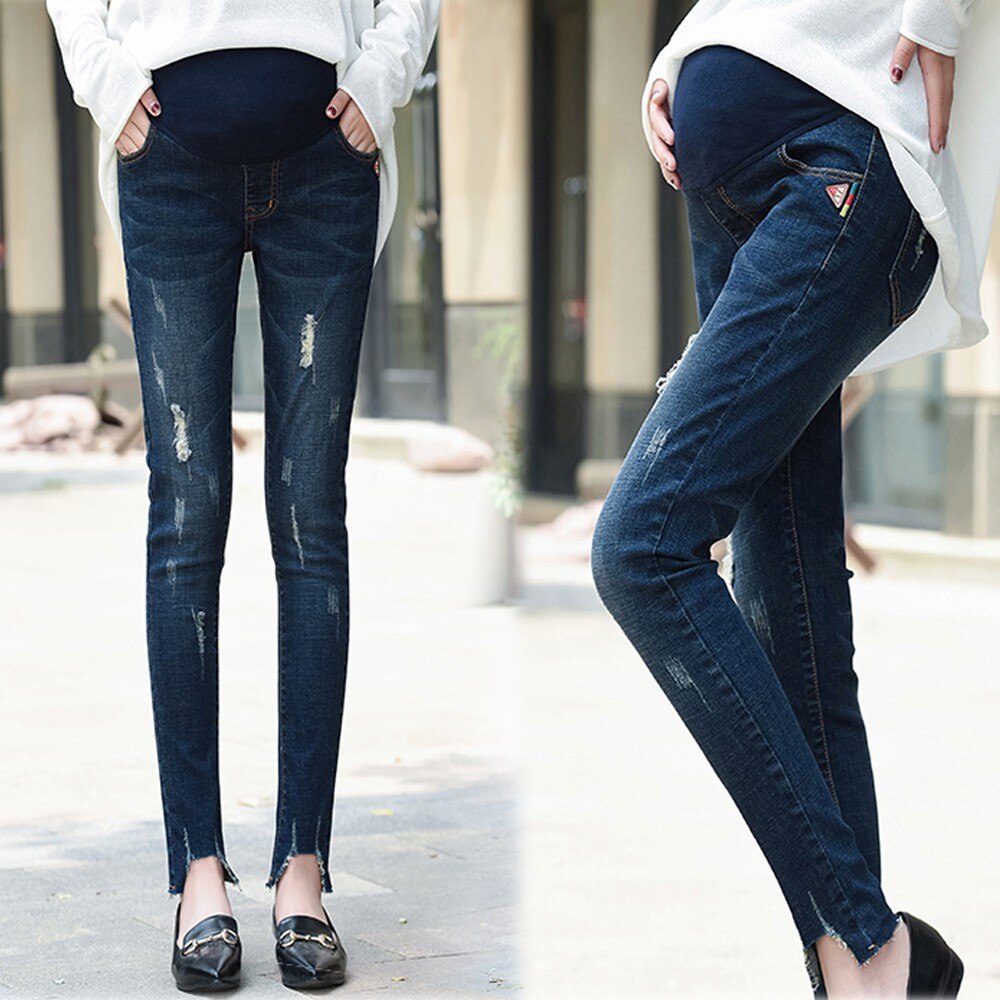 Pregnant Woman Ripped Jeans Maternity Pants Trousers Nursing Prop Belly Legging Soft Maternity Women Winter Autumn Jeans: Dark Blue / M
