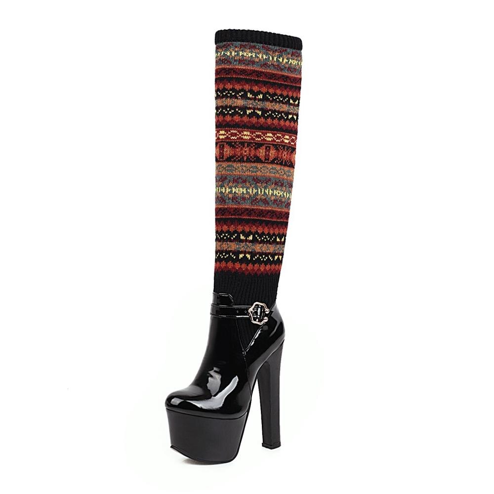 Cuissardes à plateforme pour femme, chaussures d&#39;hiver à talons hauts, motif de noël, WSH3700: Black / 10