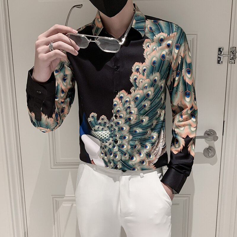 Luxe Zwart Goud Bloemenprint Shirt Mannen Herfst Lange Mouw Heren Jurk Shirts Party Nachtclub Prom Shirt zwart S