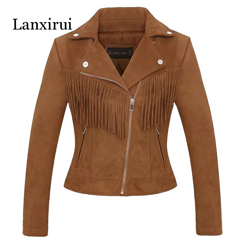 Autumn Winter Women Short Faux Suede Fabric Coat Slim Tassel Leather Jacket Women brown pink coats