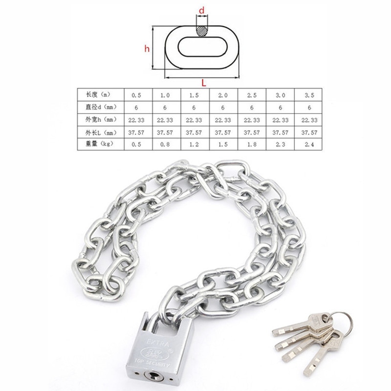 1set 0.5-2M lengthen Steel Chain lock padlock with key Anti-theft Security for big door Bicycle locking Hardware Improvement