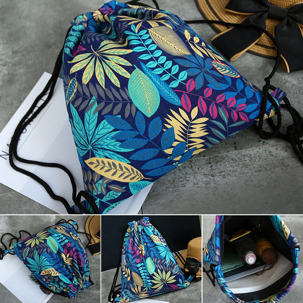 Women Shoes Outdoor Lightweight Portable Travel Floral Print Shoulder Multi Use Drawstring Bag Canvas Pouch Storage Backpack