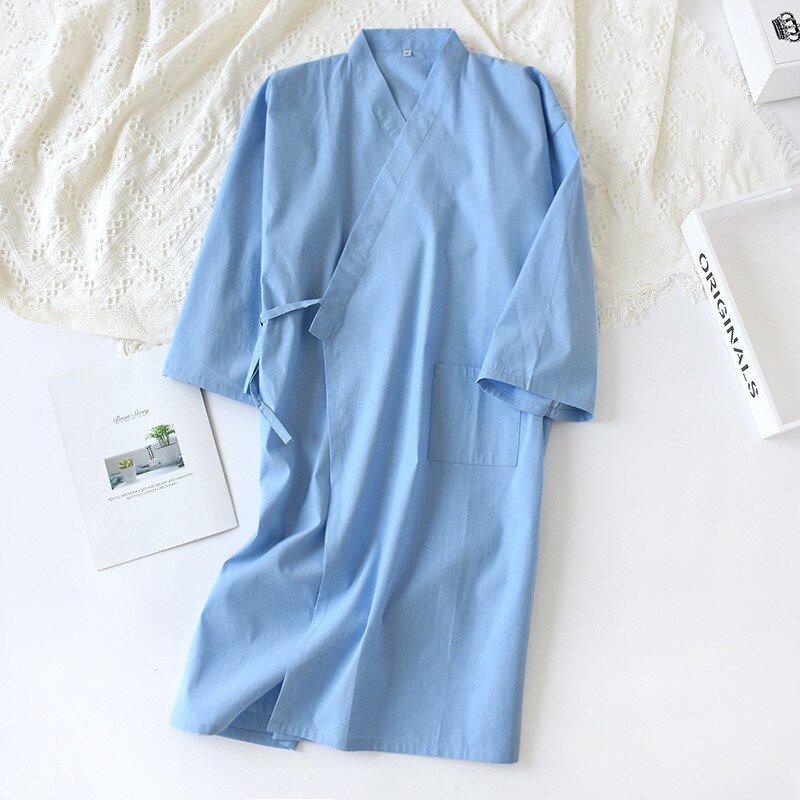 Multicolor Men's Cotton and Linen Bathrobe for Spring and Summer Solid Color Kimono Robe Home Bath Men Clothes: 5 / M