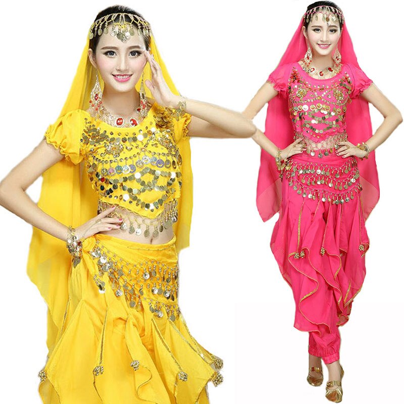 4 unids/set de traje de baile hindú para danza del vientre, conjunto de trajes de danza Oriental para actuaciones en escenario