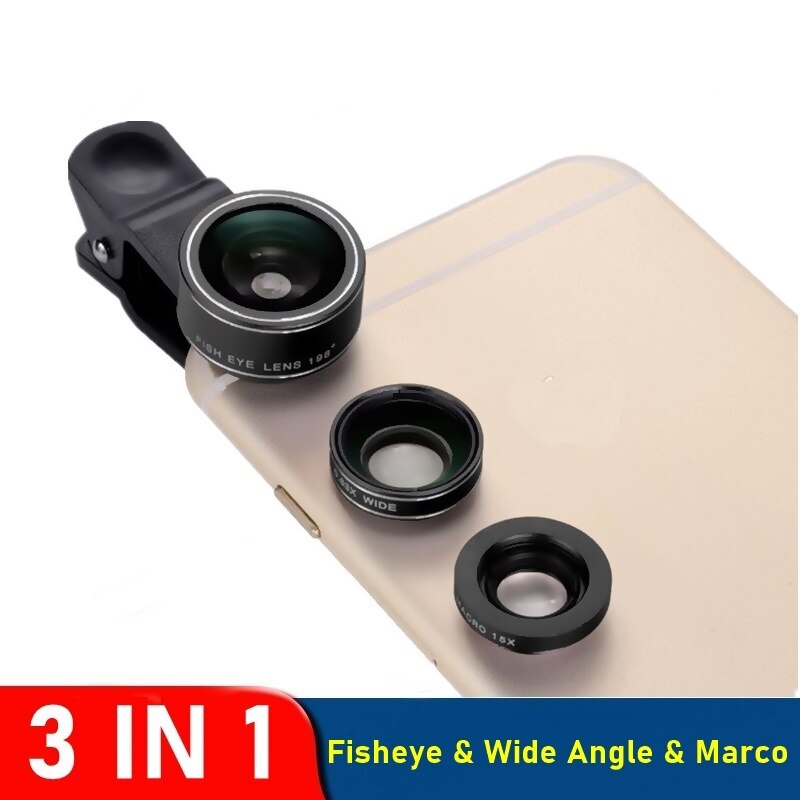 Universele 3IN1 Mobiele Telefoon Lens 198 Fisheye + 0.63x Groothoek + 15x Macro Lens Camera Lenzen Voor Iphone 11 12 Xiaomi Samsung