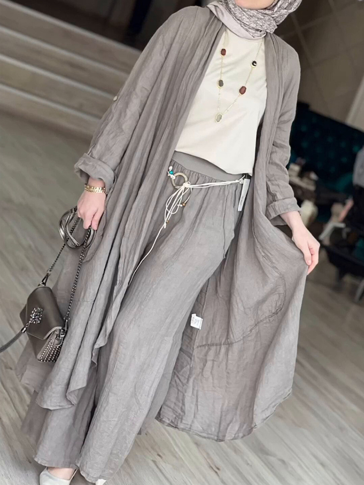 2- delade långärmade maxi-skjortor + vida byxor eid muslimska kvinnor set abaya dubai turkiet islamiska casual toppar enfärgad outfit