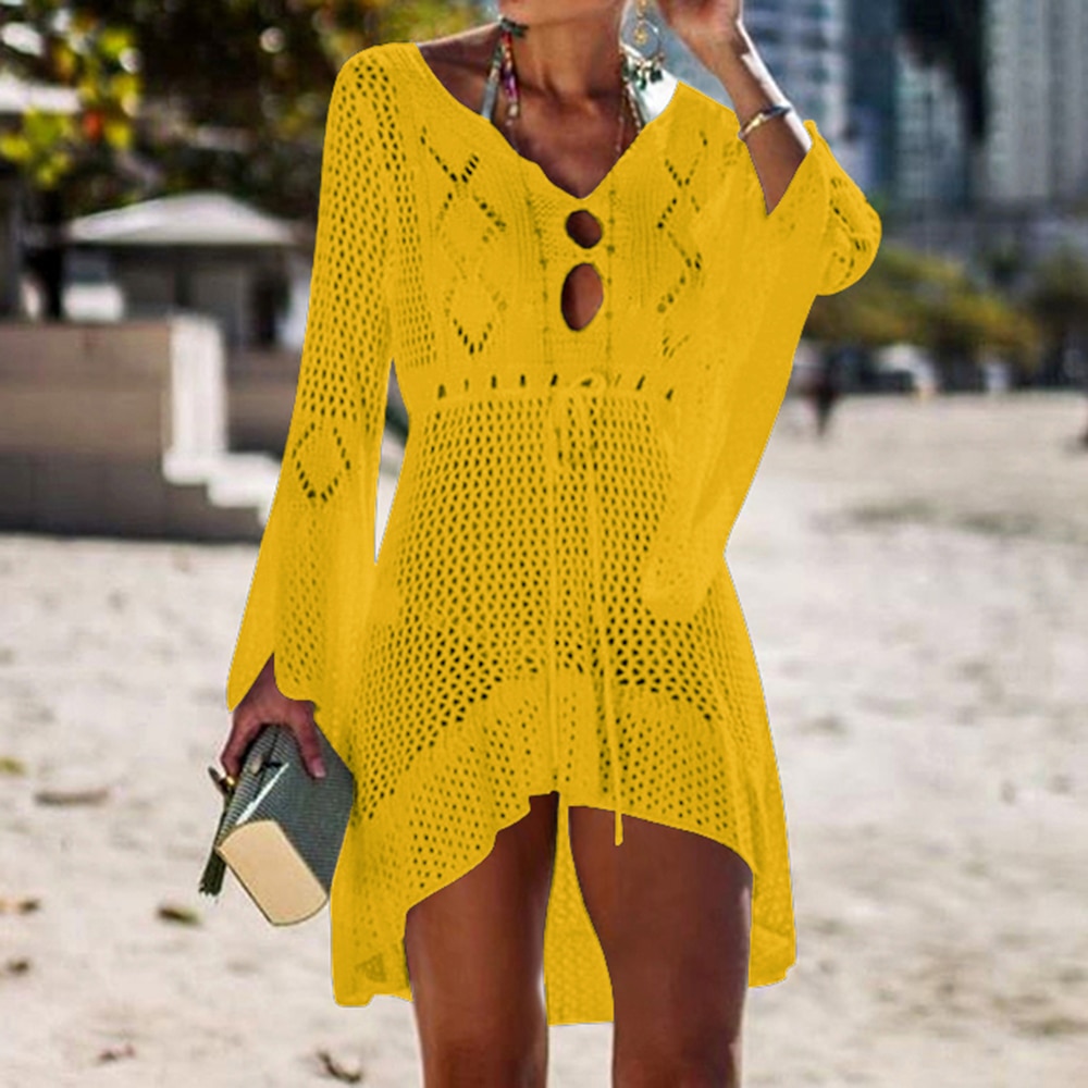 Sfit mujeres Crochet punto cubrir túnica de playa vestido largo Pareos Bikini cubrir traje de baño bata de playa Plage