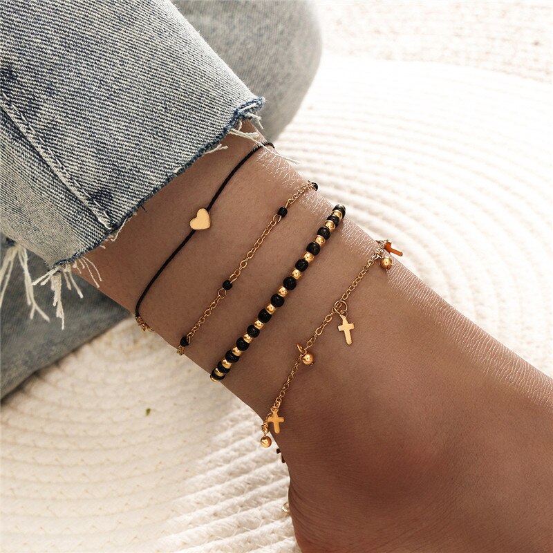 5 stk/sæt vintage boheme guld fodlænker til kvinder unikke slange kæde hjerte nøgle disk kæde ankel armbånd kvindelige smykker: 60165
