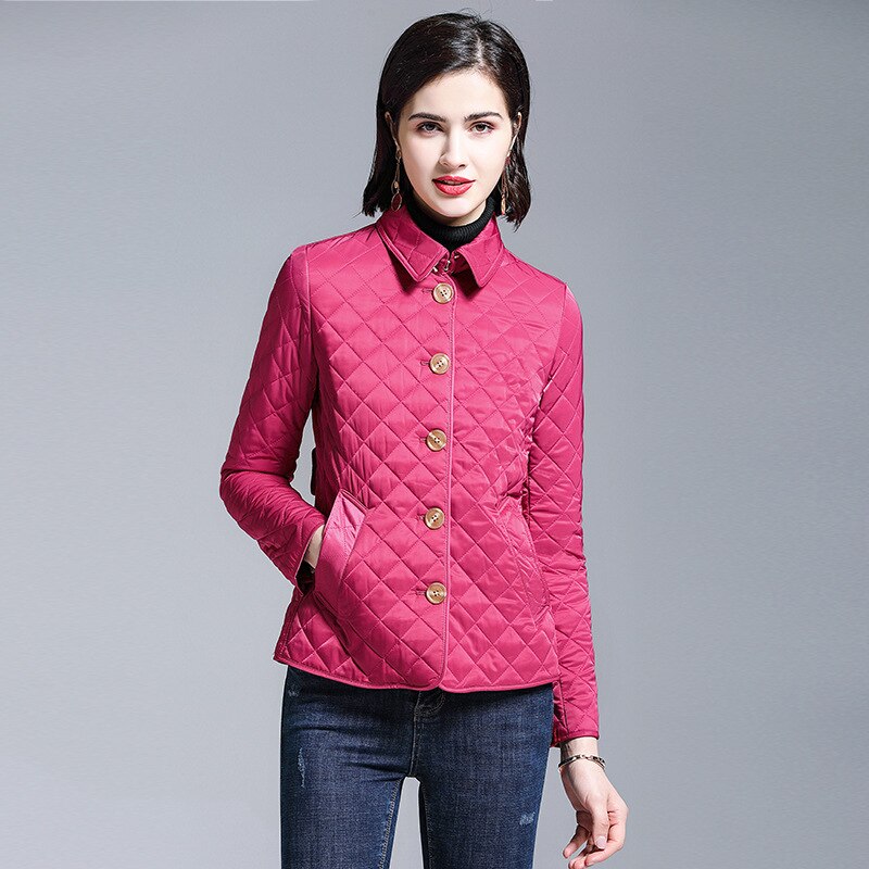 BURDULLY Small cotton coat Female short light autumn and winter single-breasted Diamond shaped women's Quilted coat: rose Red / S