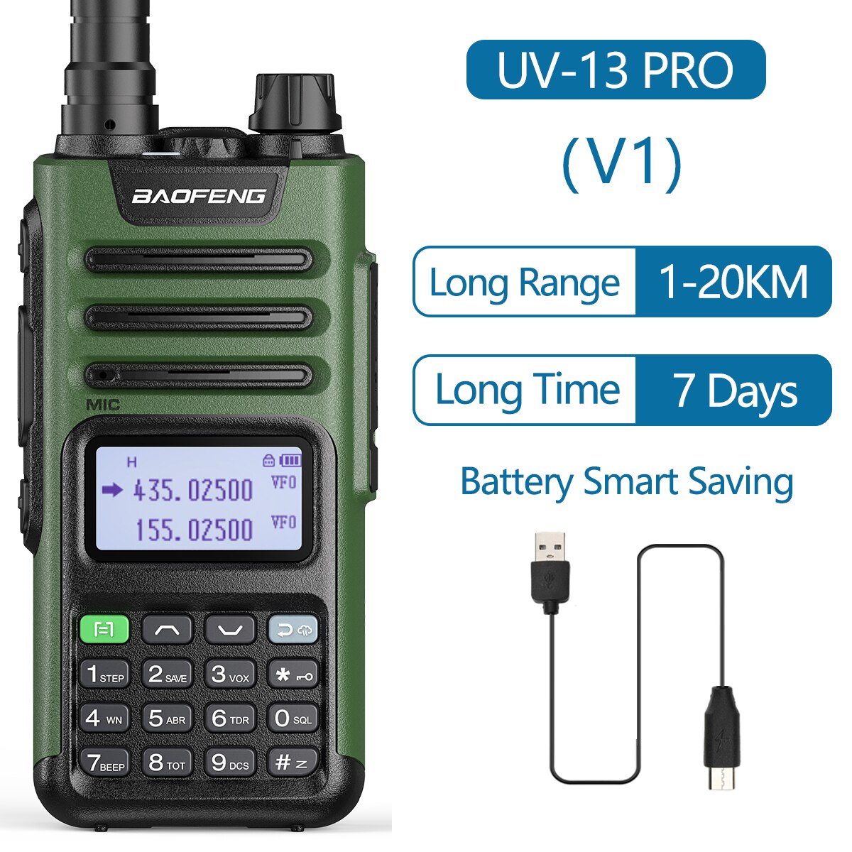 Baofeng UV-13 Pro Walkie Talkie 10W 8800Mah High Power 999 Channel Dual Band Uhf Vhf Radio Zender Typ-C Jack Upgrade 10R: V1 standard