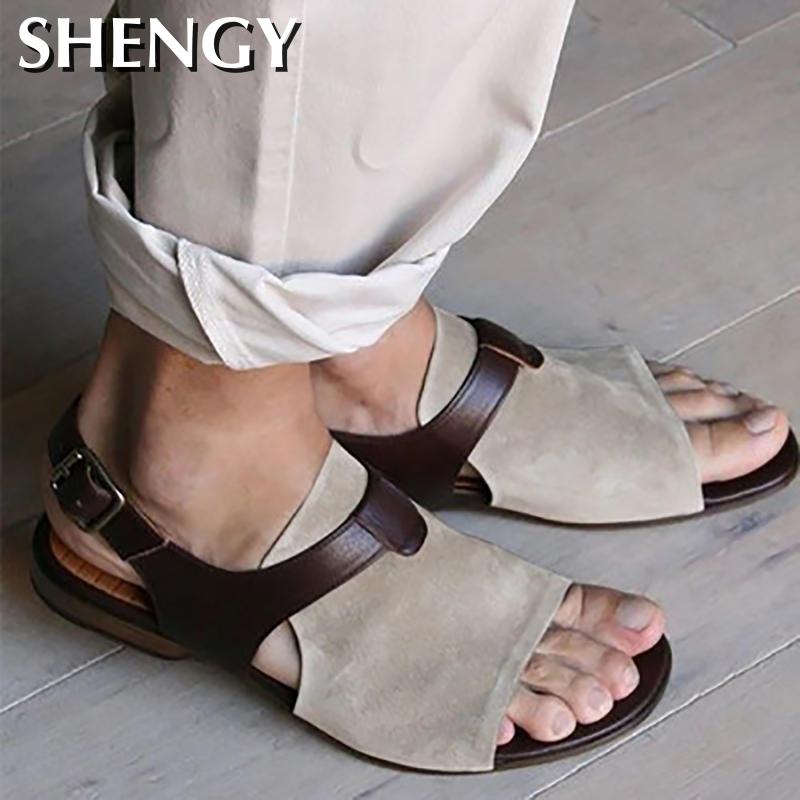 Sandalias romanas informales para hombre, zapatos planos Retro de Punta abierta para playa, sandalias de gladiador con cinturón y hebilla, talla grande, verano,