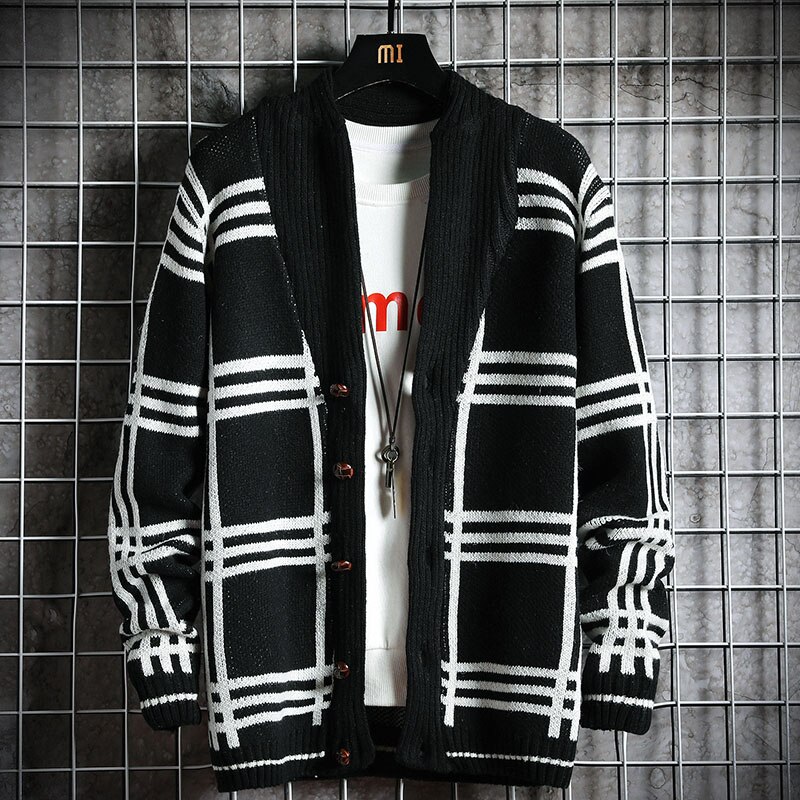Huncher Heren Gebreide Vest Mannen Herfst Winter Trui Oversized Koreaanse Gestreepte Patchwork Vesten Zwart Truien Voor Mannen: Black Cardigan Men / Asian-M