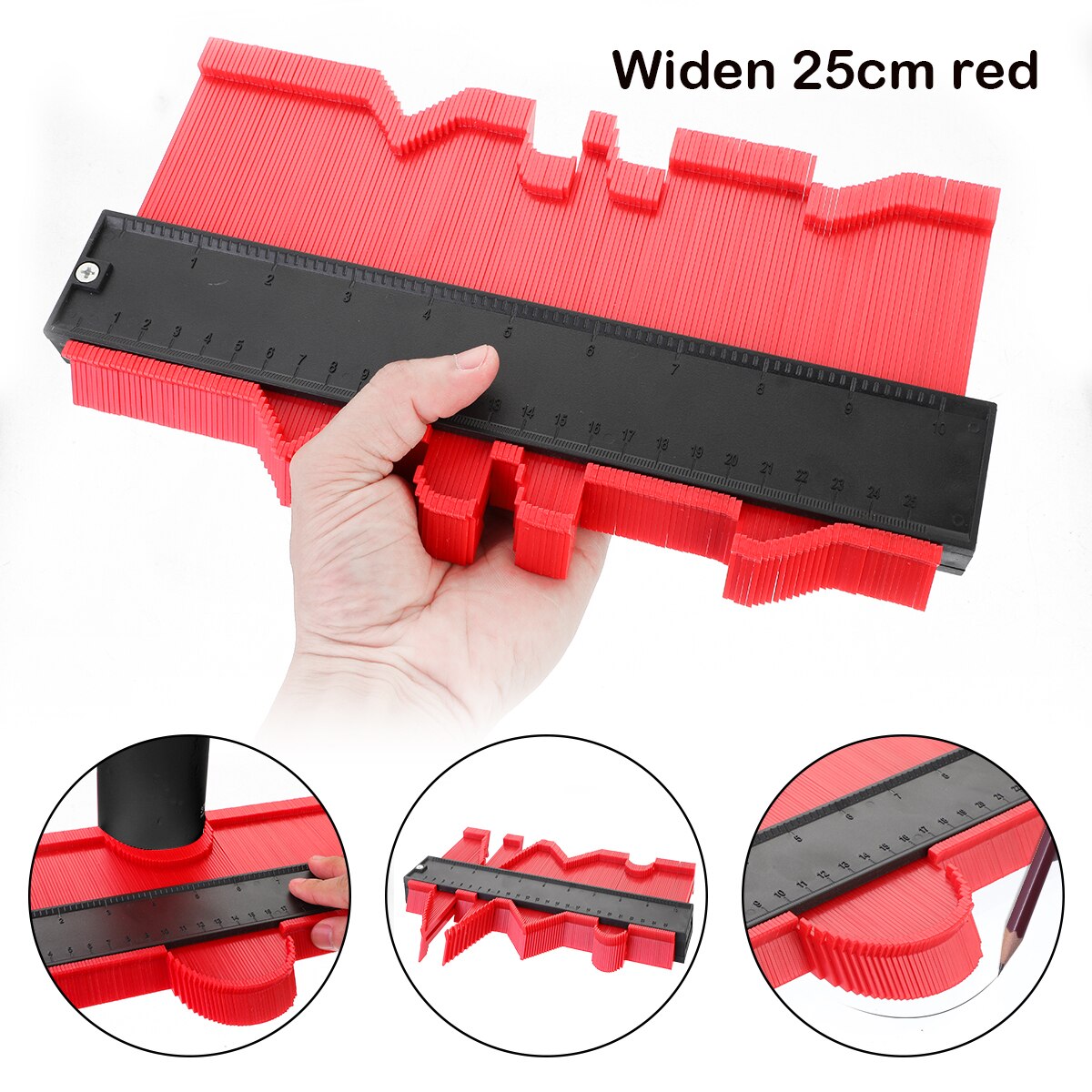 5/10/15/20 Inch Contour Gauge Plastic Profile Copy Shape Contour Gauge Meter Duplicator Standard Wood Marking Flooring Tools: Widen 25cm red