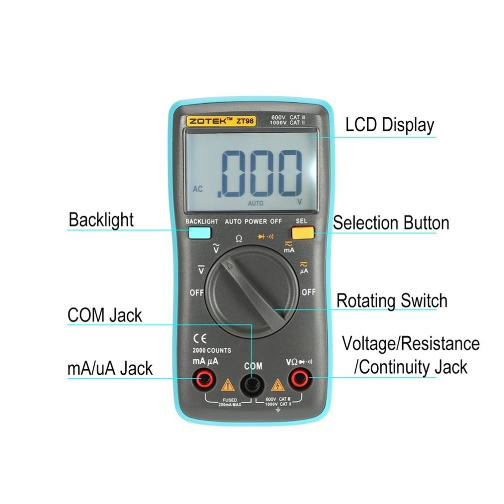 ZT98 Mini Auto Range Digital Multimeter 1999 counts AC/DC Ammeter Voltmeter 550V Overload Protection LCD Backlight