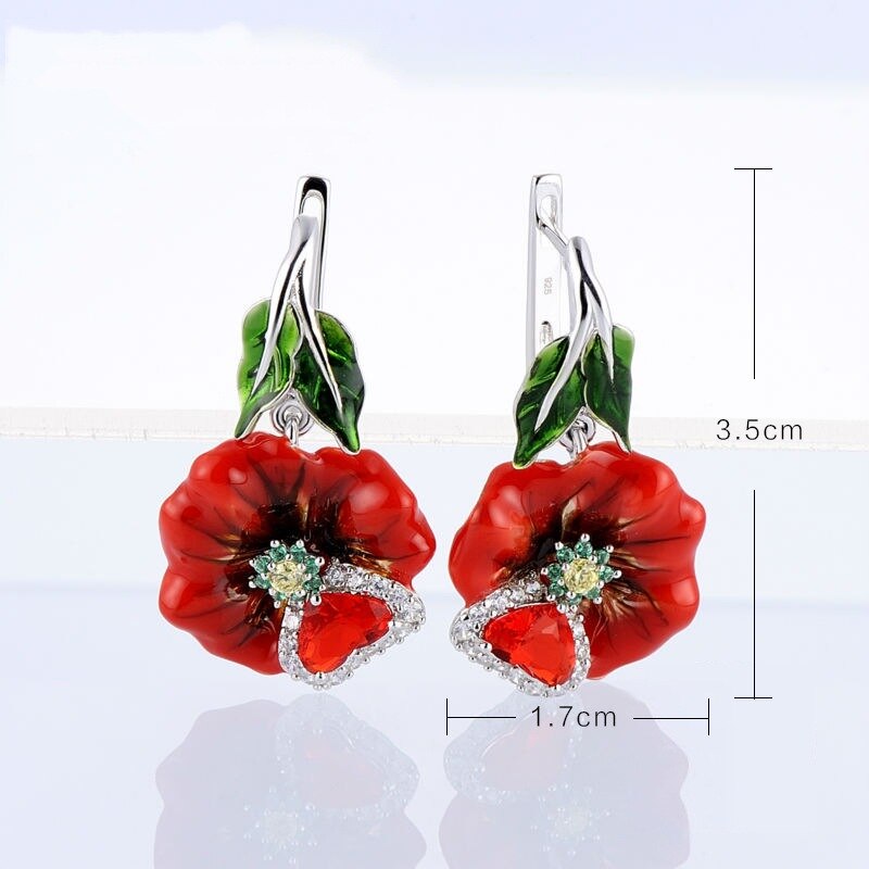 Women Bohemia Red Flower Enamel Jewelry Set Heart Shape Romantic Silver Pendant Necklace Ring Earrings Sets Wedding Jewelry