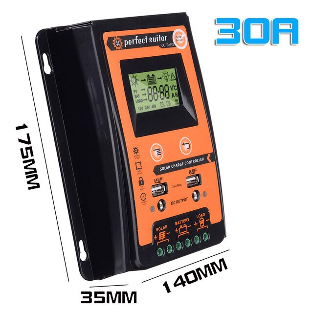 MPPT Solar Charge Controller 12V 24V 30A 50A Dual USB Charge Controller Solar Panel Battery Regulator LCD Display: Black