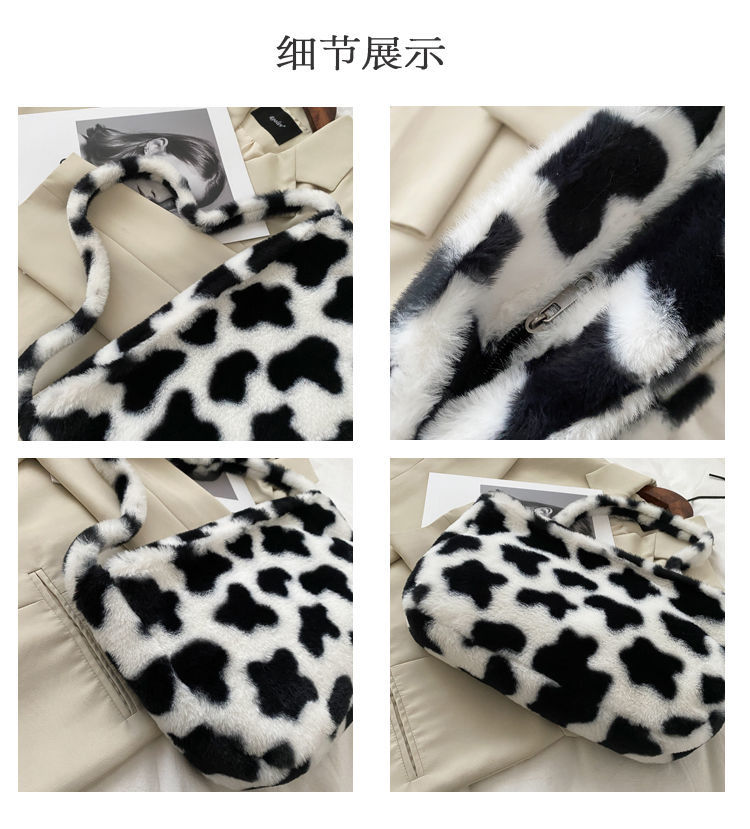 Koeienpatroon dames schoudertassen eenvoudige schattige pluche dames handtassen casual grote capaciteit dames oksel tassen handtas tote