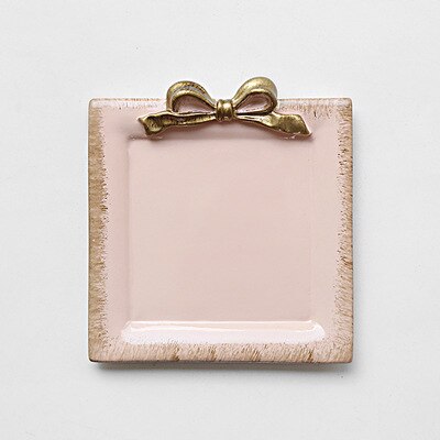 Sous-verre rétro européen en résine avec nœud papillon, assiette créative peinte à la main, soucoupe, bijoux, vaisselle, Table décorative, rangement de bijoux: square pink