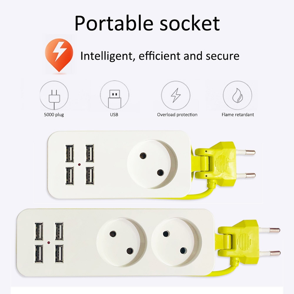 Travel Adapter Portable 1.5m Cable 1/2 EU Plug Extension Socket 4USB Ports Charge For Mobile Phones Wall Power Strip