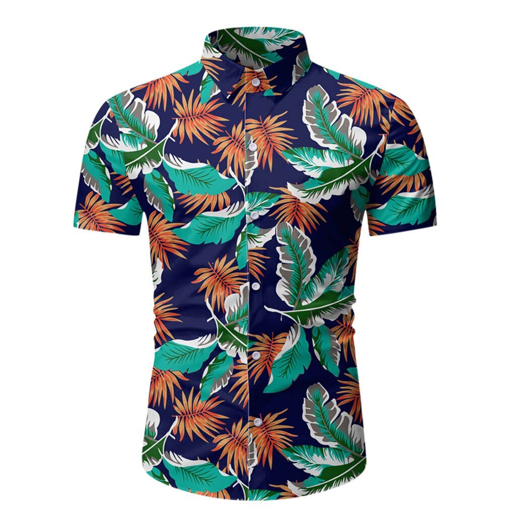 Blusa Hawaiana de manga corta con botones para verano, camisa masculina con estampado de flores para hombre: Azul oscuro / L