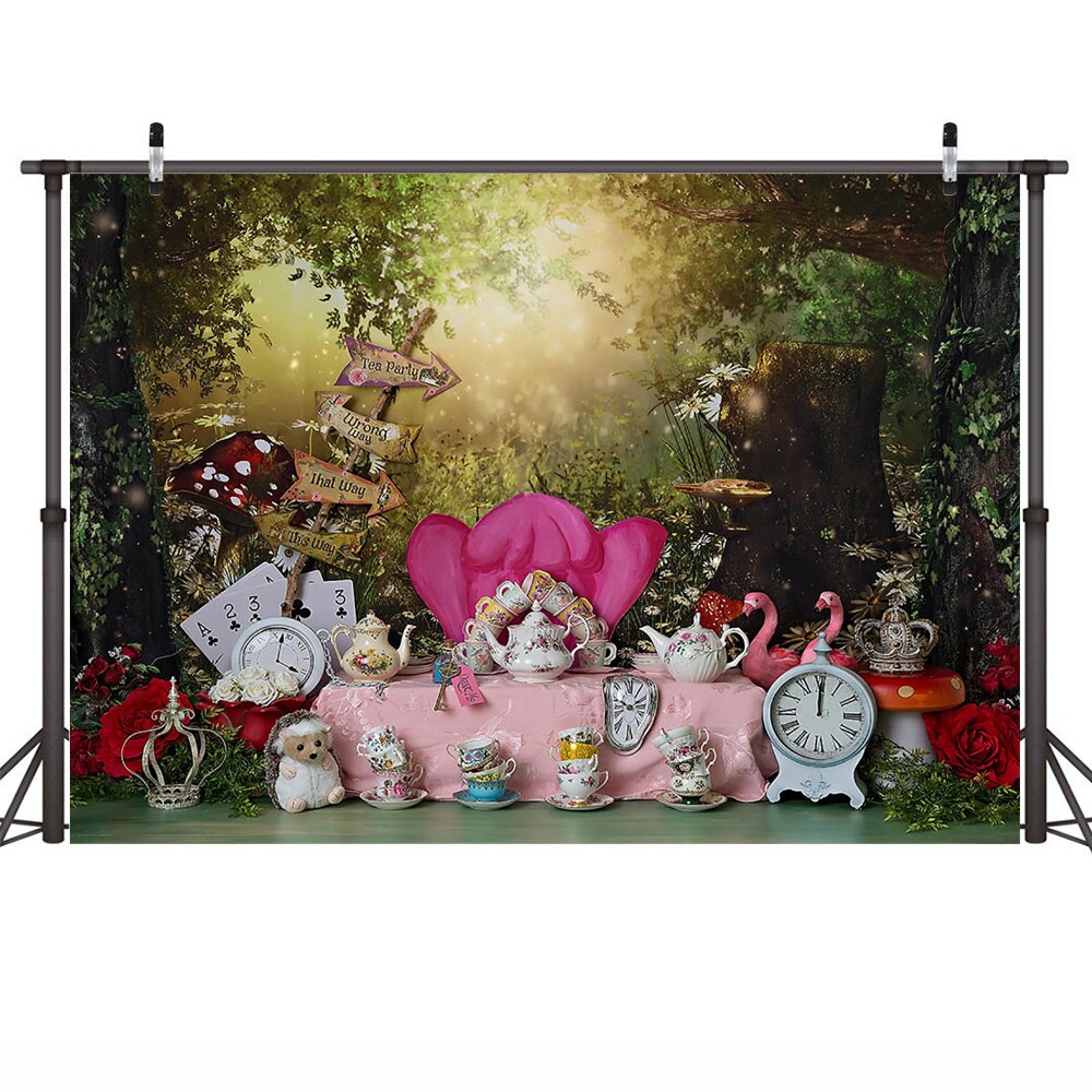 Sprookje Prinses Een Verjaardagstaart Smash Achtergrond Alice Wonderland Thee Party Achtergrond Fotografie Dromerige Bos Photocall
