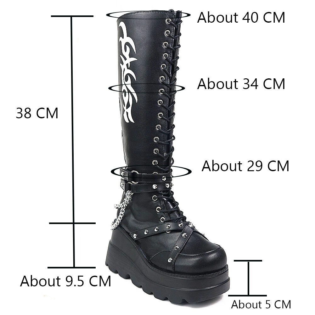 Botas con cuña gótica para mujer, zapatos con plataforma y cremallera de llama, con remaches gruesos negros, estilo Punk, Rock, otoño