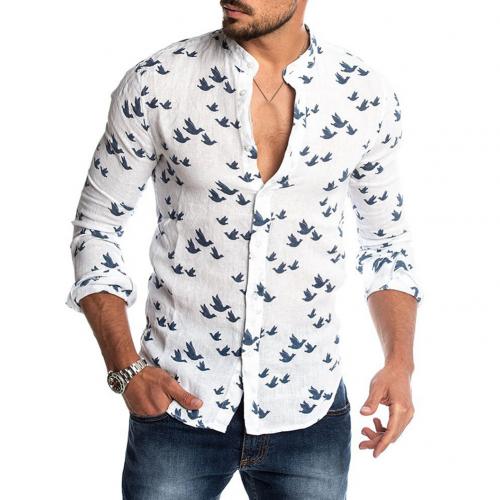 Summer Casual Men Shirts Slim Print Buttons Long Sleeve Top Summer Autumn Plus Size Men Shirts: white / L