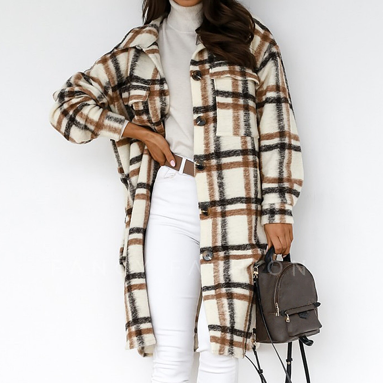Abrigos de botones a cuadros para mujer, chaqueta con solapas de manga larga hasta la rodilla, ropa de otoño e invierno