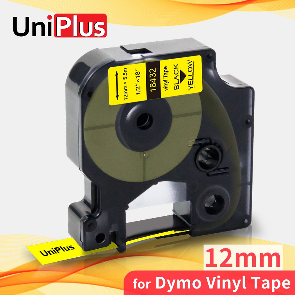 UniPlus – ruban d'étiquettes en vinyle jaune, 18432, 12mm, noir sur jaune, pour le fabricant d'étiquettes Dymo, 6000, 5200