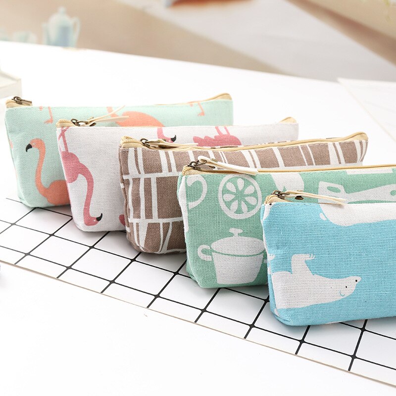Vierkante katoenen en linnen etui met flamingoprint, rits, eenvoudige studentenstudie, schrijfwarentas, portemonnee