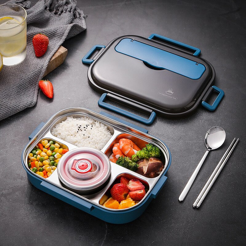 Rostfritt stållåda för barn matlagring isolerad lunchbehållare japansk mellanmålslåda frukost bento låda med soppkopp: Blå