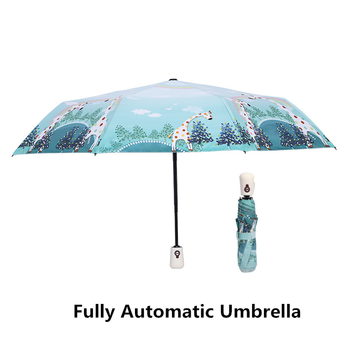 Keconutbe automatisk børns paraply vindtæt vandtæt tre foldende aluminium paraplyer regn kvindelig parasol børn paraply: Grøn giraf