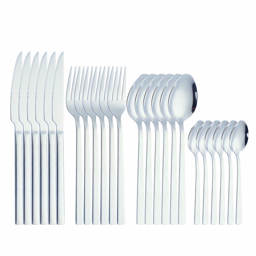 24Pcs Mirror Cutlery Tableware Set Silver Cutlery Stainless Steel Kitchen Set Dinnerware Knife Spoon Fork Dinner Set Complete