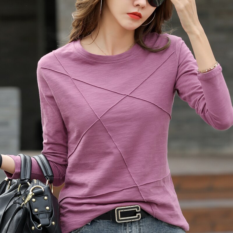 Camiseta acanalada de algodón de bambú para mujer, blusa morada Simple holgada con cuello redondo, Top verde de manga larga para mujer 2022