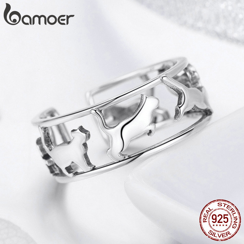 BAMOER 925 Sterling Silber Spielen Katze Muschi Cocktail Finger Ringe für Frauen Glückliche Katze Ebene Ring Schmuck SCR473