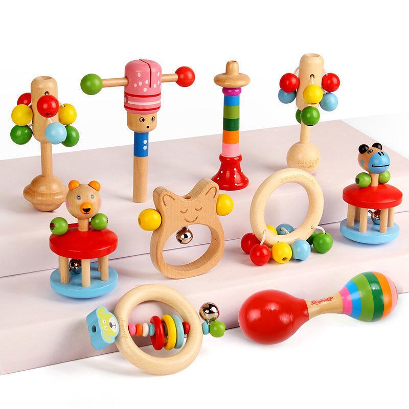 Baby Rammelaar Natuurlijke Veilige Materialen Houten Kleurrijke Rammelaar Hand Rammelaar Houten Tand Speelgoed Baby Bijtring Baby Cadeau Speelgoed