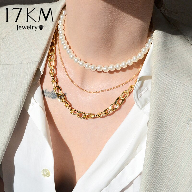 Punk Gold Multilayered Chain Baroque Pearl Necklace For Women Coin Crystal Pendant Necklace Trend Jewelry: CS5189