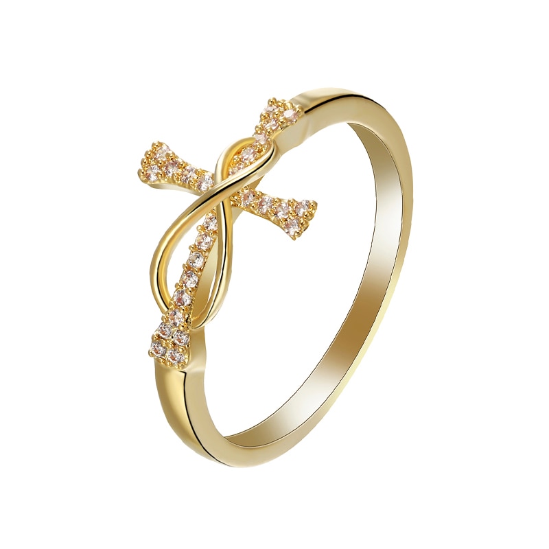 Classic Gold Color Cross Inlay White Crystal Rhinestone Finger Ring Women Engagement Wedding Party Jewelry Size 6 7 8 9 10 11