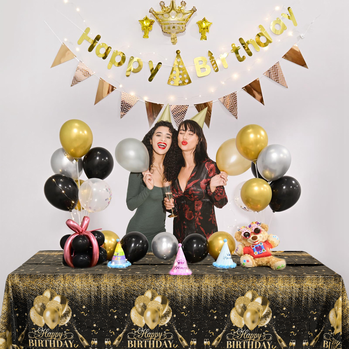 220x130cm Black Gold Rose Gold Disposable Tablecloth Birthday Party Decor for Men Women Years Old Table Cover Party Supplies