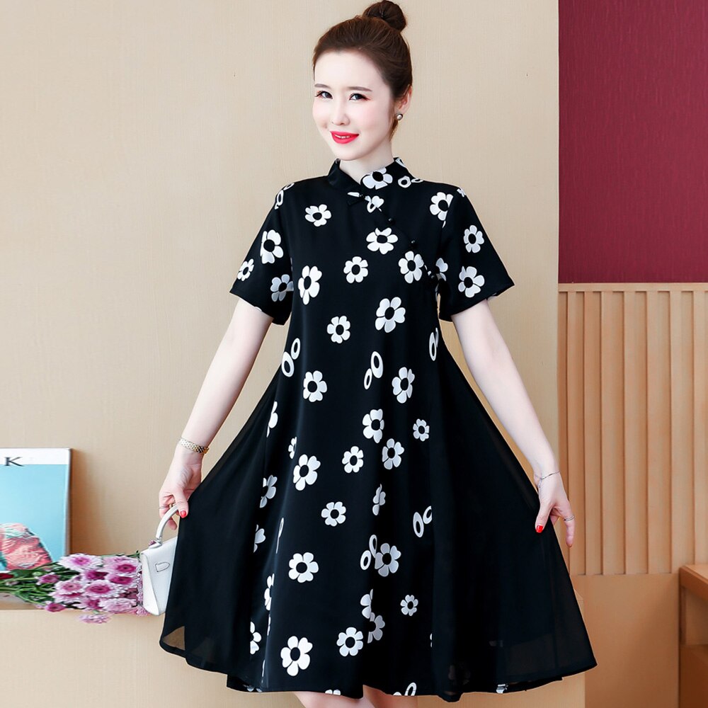 Vestido negro de talla grande para mujer, vestido de verano chino Cheongsam Qipao, vestido Swing de manga corta, vestidos de ropa tradicional china