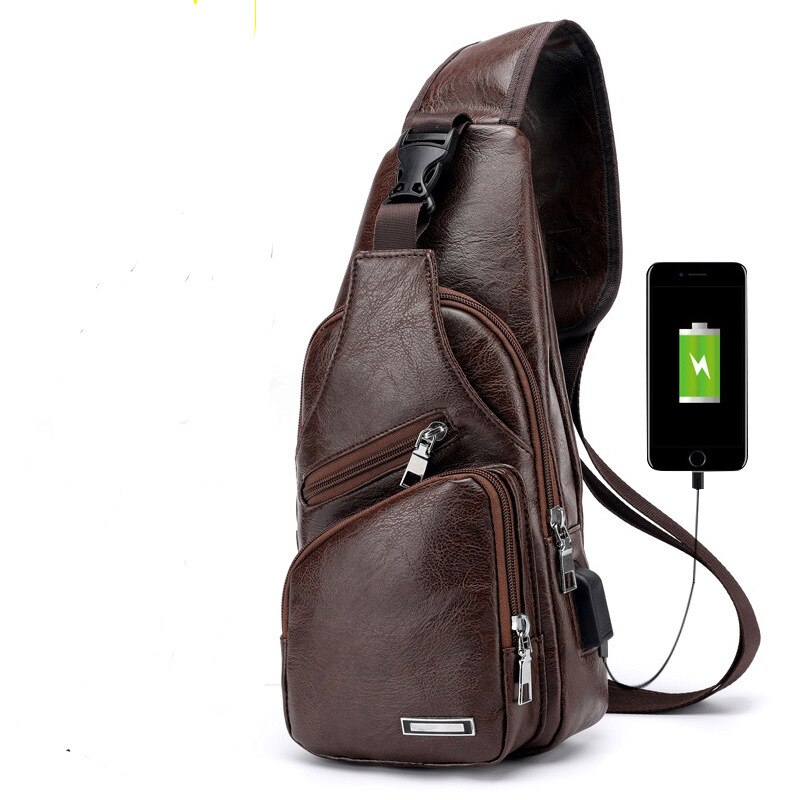 Men Back Pack Chest Pack Single Shouler Rucksack England Chest Bag Shoulder Cross Body PU Leather External USB Charger: Coffee