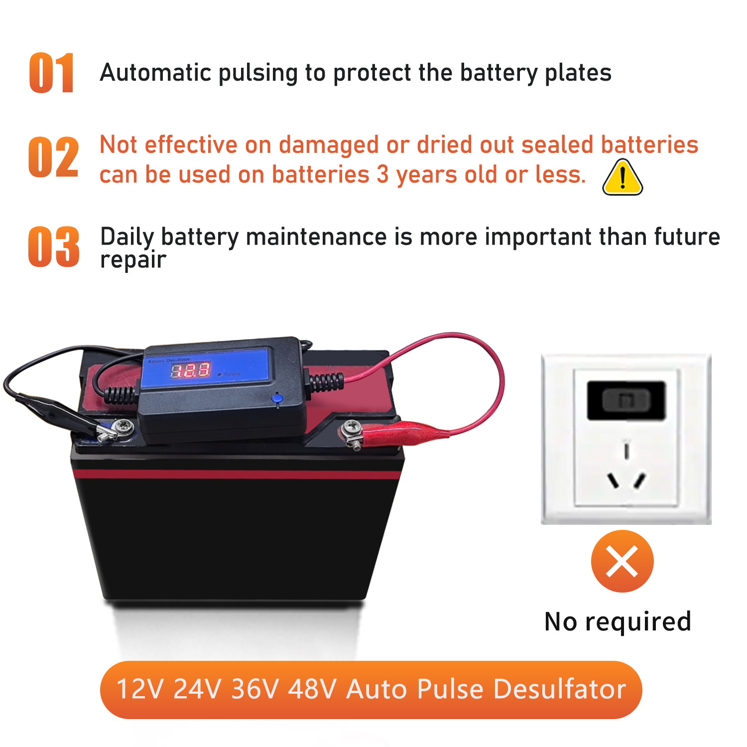 12v 24v 36v 48v batteri desulfator rekonditionerare för 12v-48v blybatterier med snabbkopplingsring
