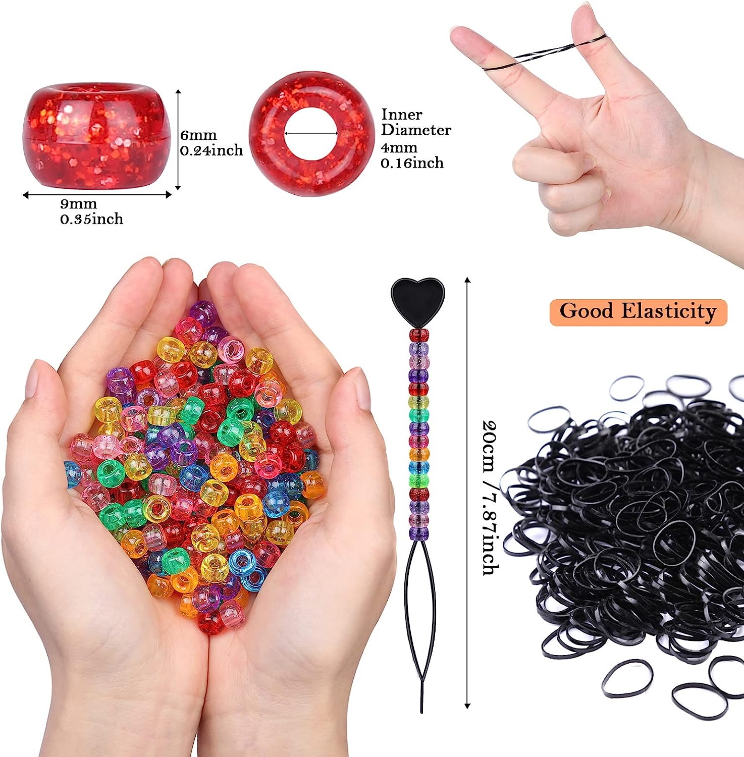 Kit de cuentas para trenzas de pelo para niños, 401 piezas, 9x6mm, con purpurina, 200 piezas, bandas de goma elásticas y 1 piezas, 200 unids/lote por bolsa