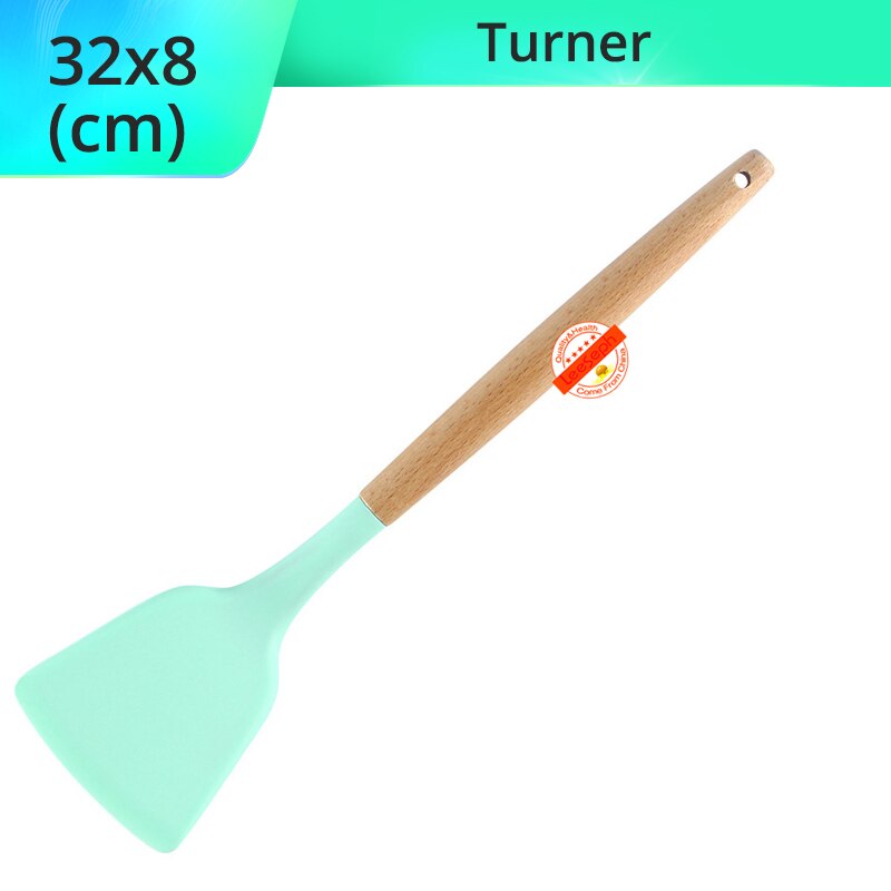Silicone Cooking Utensils Kitchen Utensils, Acacia Wooden Cooking Tool for Nonstick Cookware - Best Kitchen Gadgets: Green-Turner
