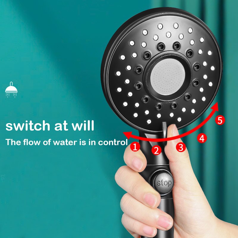 Water Saving Shower Head Black Adjustable High Pressure Shower One-key Stop Water Massage Shower Head For Bathroom